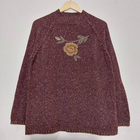 Allison Daley Boho Burgundy Embroidered Mock Neck Sweater Great Cond - Large - Picture 2 of 8